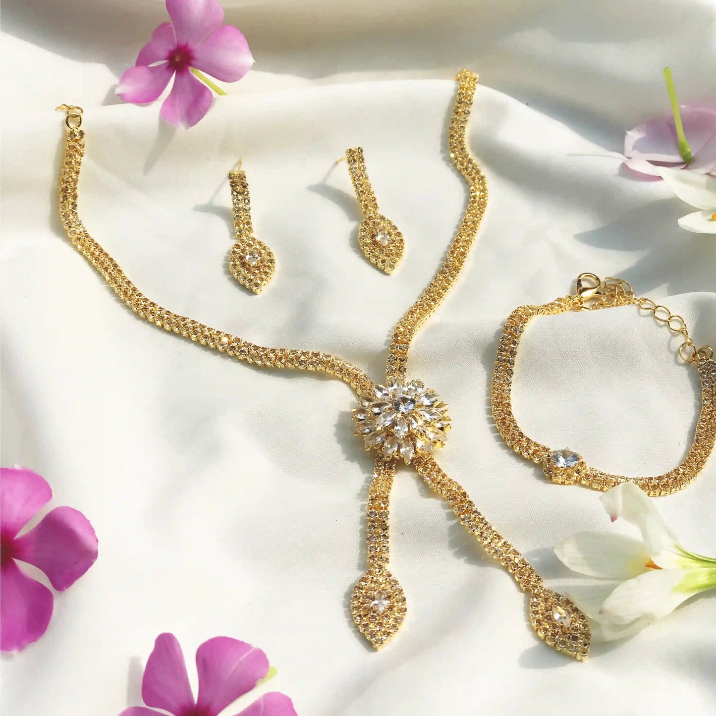 Zircon Flower Three-Piece Necklace Set with Earrings & Bracelet