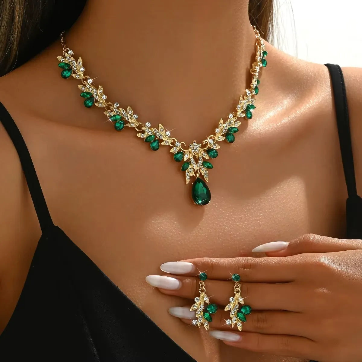 Emerald Green Crystal Floral Necklace Earring Set