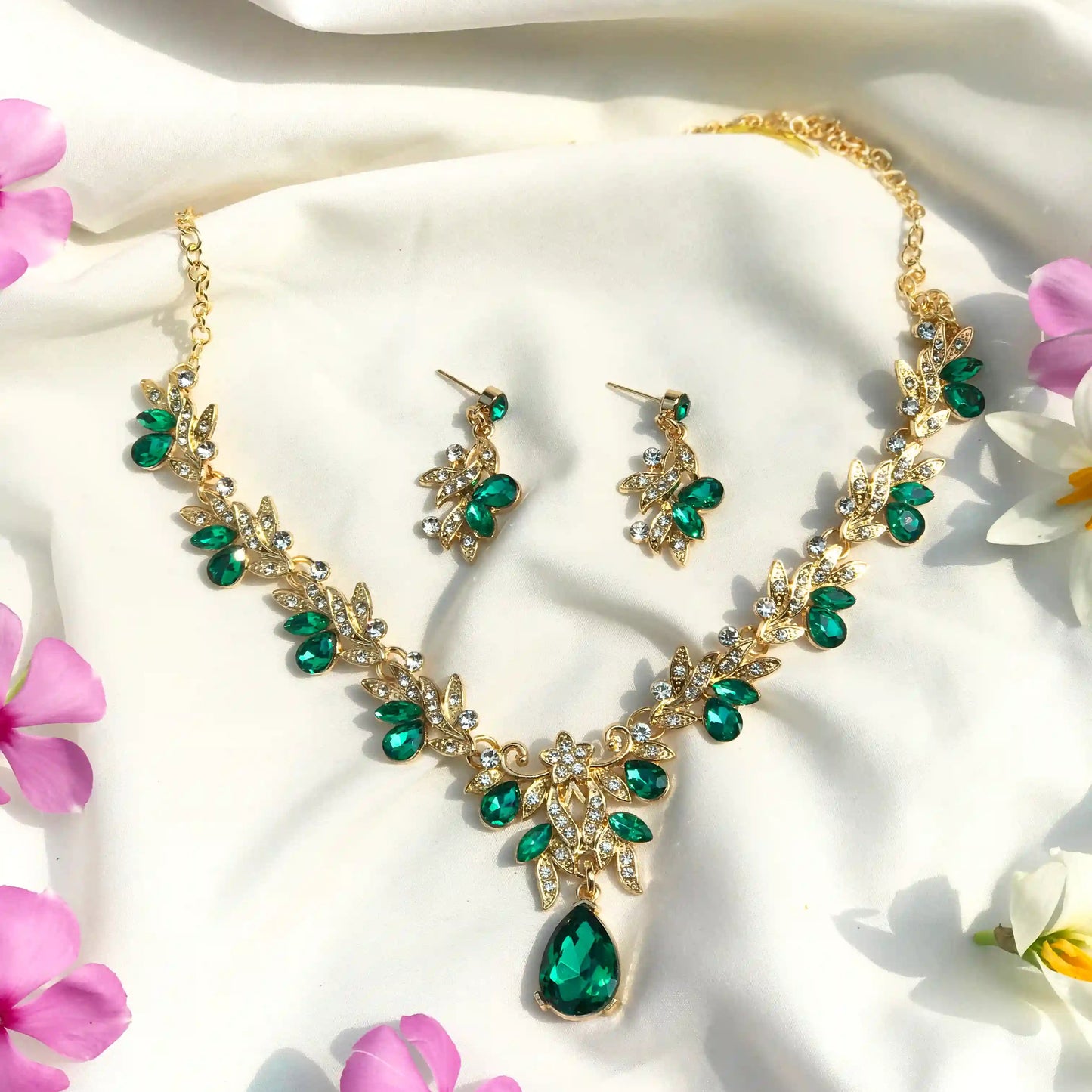 Emerald Green Crystal Floral Necklace Earring Set
