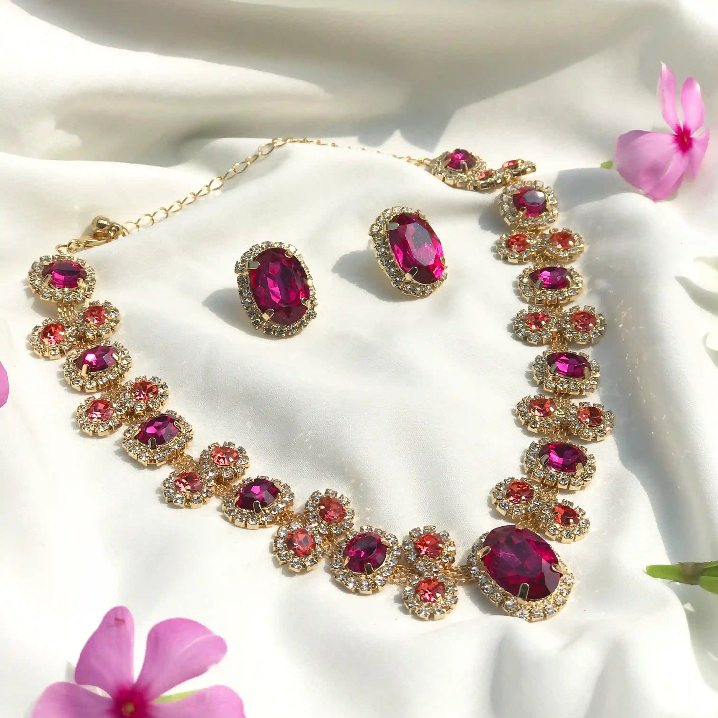 Rubans Gold Plated Crystal Ruby Pink & Peach Necklace Set