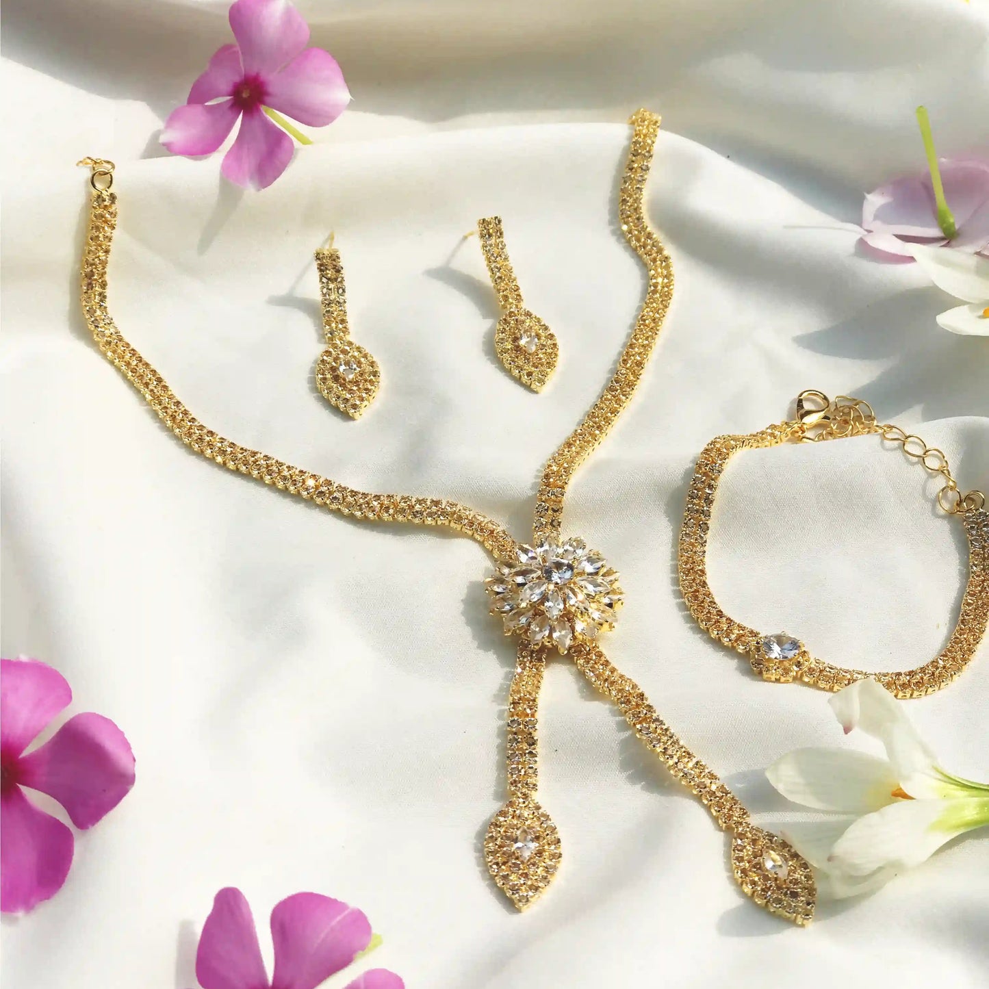 Zircon Flower Three-Piece Necklace Set with Earrings & Bracelet