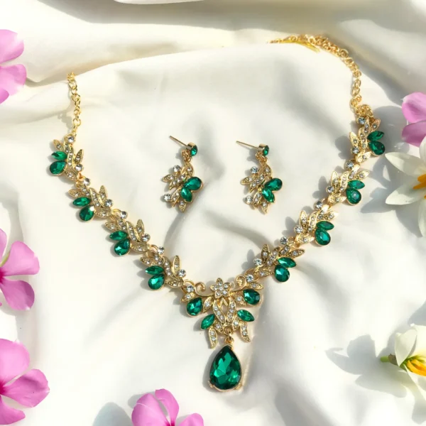 Emerald Green Crystal Floral Necklace Earring Set